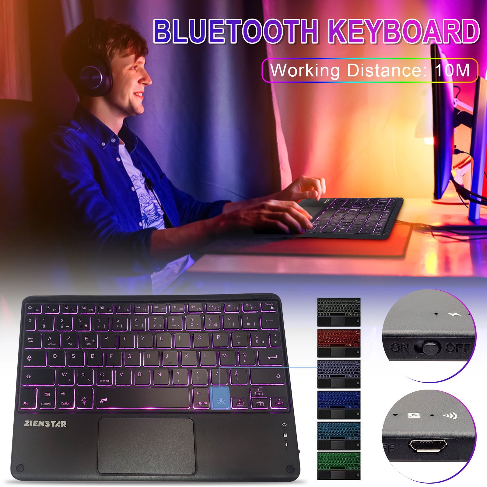 Universal Wireless Bluetooth Keyboard Multimedia French AZERTY Keyboard 6-LED Color Backlit With Multi-Touch Mechanical Keyboard, Compact Form Factor, Tactile Switch With Ergonomic Vertical feel