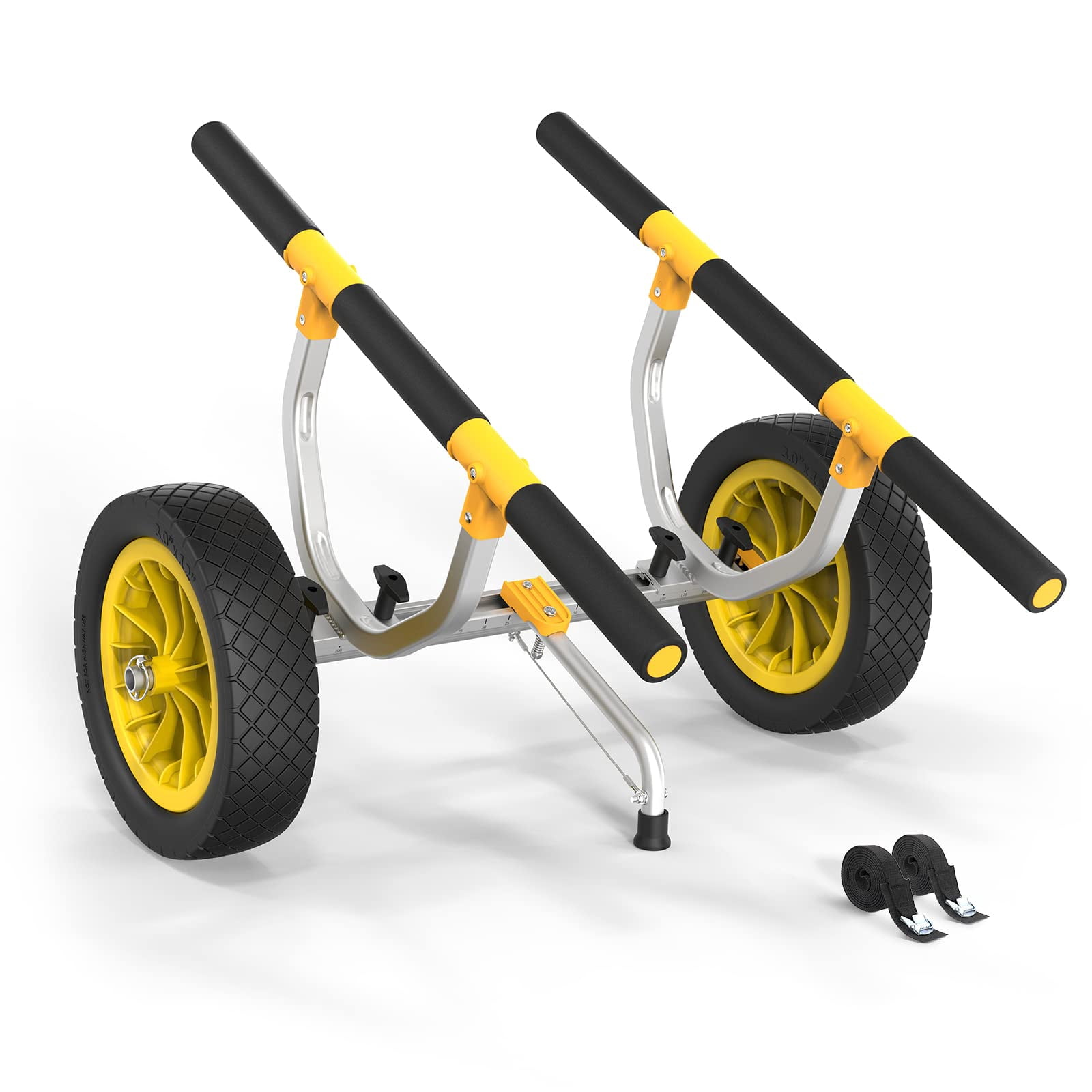 Universal black kayak cart with 12" sand wheels, adjustable width (6.3-18.7"), kickstand & 450lb capacity. Heavy-duty for canoes/kayaks on beach/rough terrain, Black
