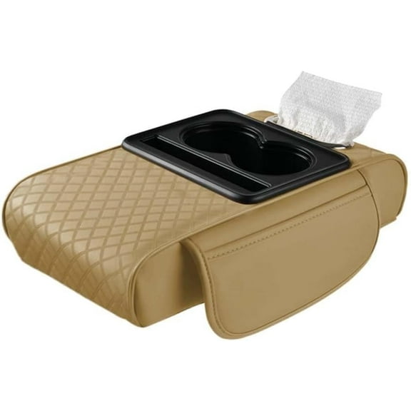 Universal car armrest, leather car cushion, multifunctional PU leather armrest box cushion, 5-in-1 center console cover with cup holder Beige(Z)