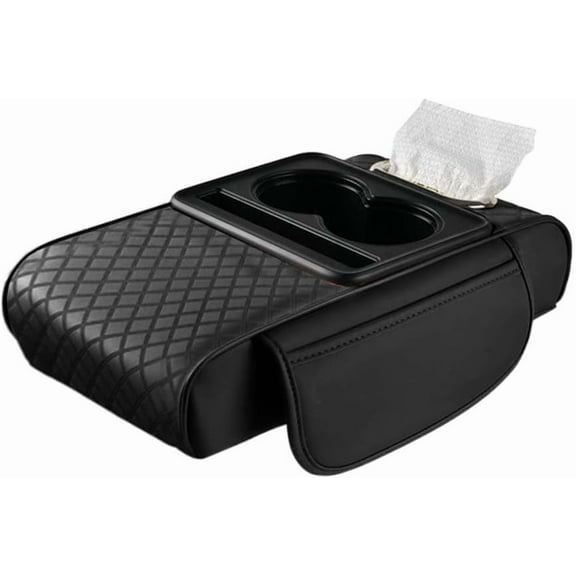 Universal car armrest, leather car cushion, multifunctional PU leather armrest box cushion, 5-in-1 center console cover with cup holder Black(Z)