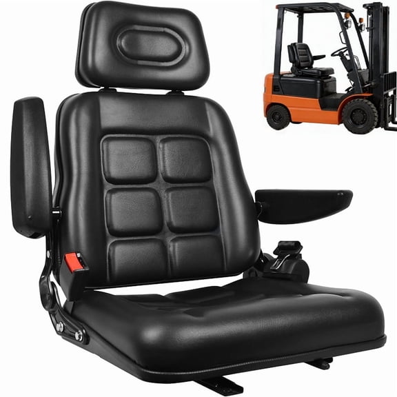 Universal forklift seat, foldable tractor seat, lawnmower seat, adjustable backrest, headrest, armrests, and seat belt; suitable for tractors, excavators, skid steer loaders, and bulldozers.