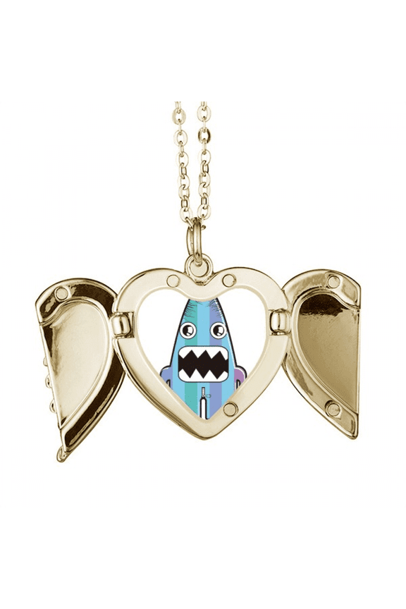 Universe Alien Monster Blue Monster Folded Wings Peach Heart Pendant Necklace