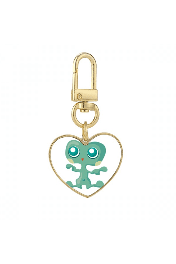 Universe Alien Monster Green Alien Gold Heart Keychain Metal Keyring Holder
