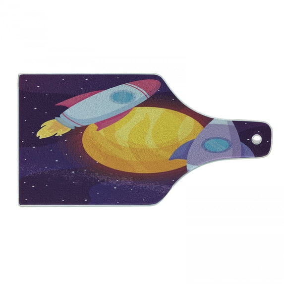 Universe Cutting Board, Cartoon Illustration of Rocket Spaceship Around a Planet Galactic Theme, Decorative Tempered Glass Cutting and Serving Board, in 3 Sizes, by Ambesonne
