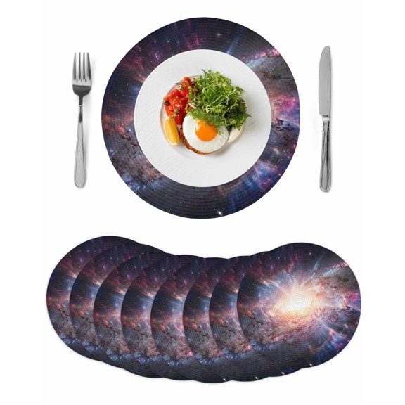 Universe Explosion Round 13 Inch Placemats Set of 8, Modern Abstract Galaxy Universe HeatResistant Non Slip Place Mats for Dining Table, Wipeable Braided Kitchen Table Mats for Housewarming