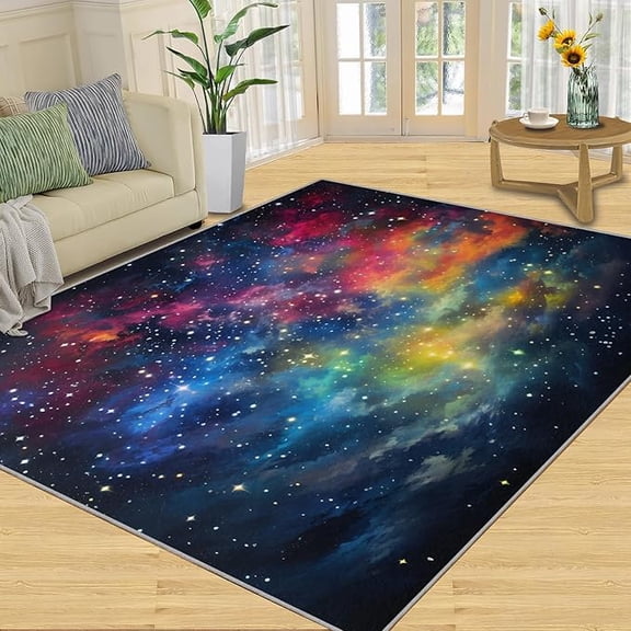 Universe Galaxy Nebula Space Starry Area Rug, Blue Purple Galaxy Indoor Non-Slip Kids Rugs, Machine Washable Breathable Durable Carpet for Bedroom Dormitory Front Entrance Floor Decor 5 x 8ft