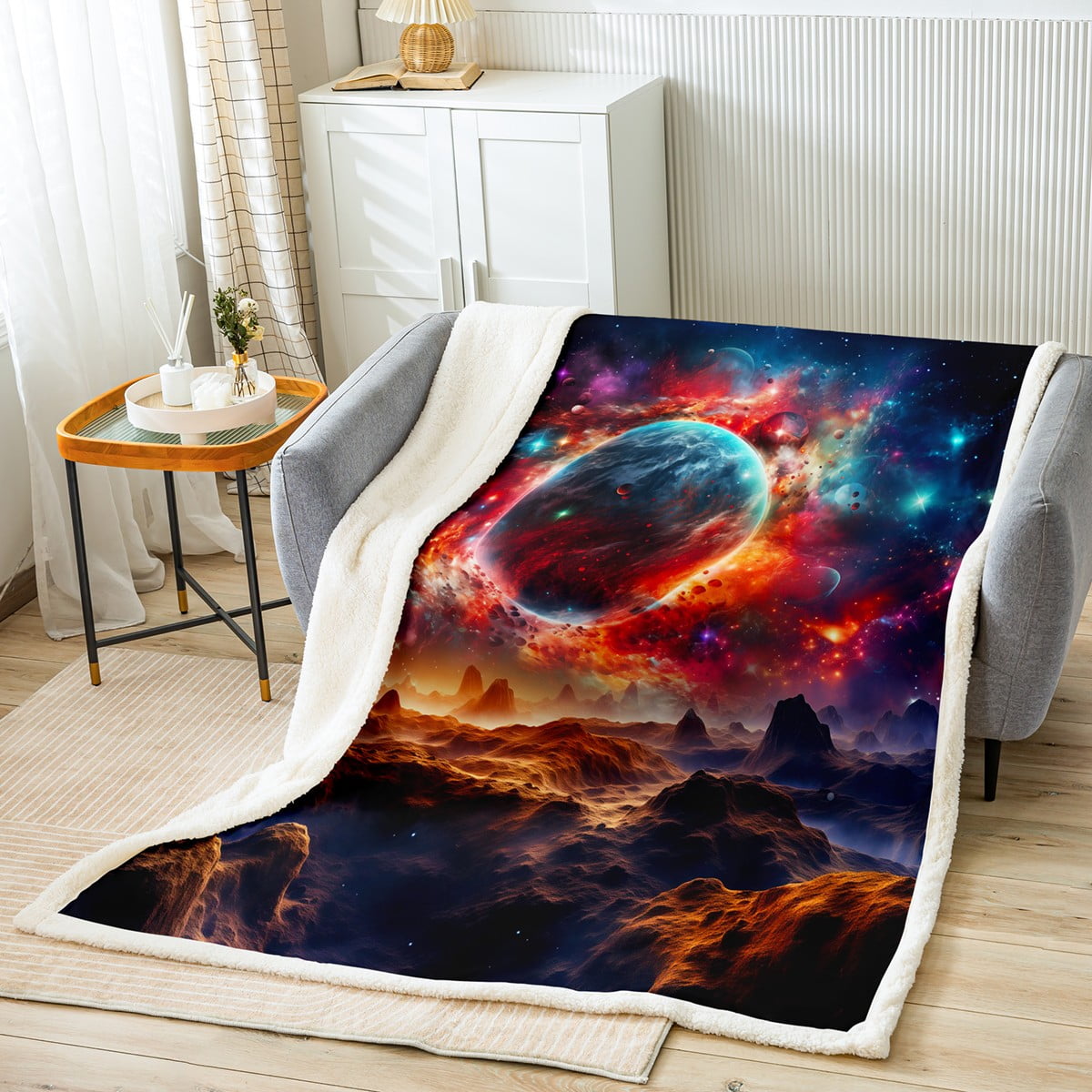 Green Galaxy Space Moon Earth Print Throw Blanket