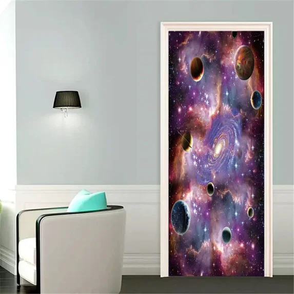 Universe Planets Door Stickers Wallpaper Galaxy Starry Sky Doors Murals Shining Solar System Decals
