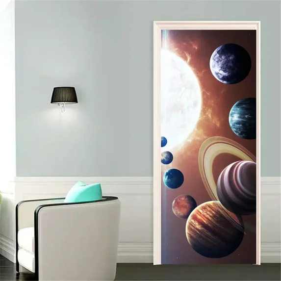 Universe Planets Door Stickers Wallpaper Galaxy Starry Sky Doors Murals Shining Solar System Decals
