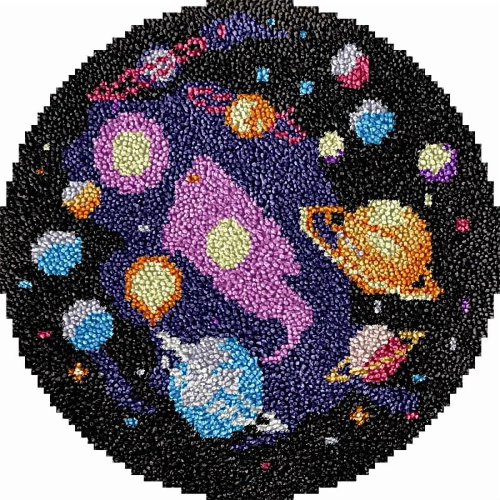 Universe and Planets Round Shape Latch Hook Rug Kits Set for Starter Crochet Hook Cushion Mat Sofa Seat Cushion Crocheting Kits with Preprinted Canvas Crochet Yarn Kits 50X50cm (ui138)