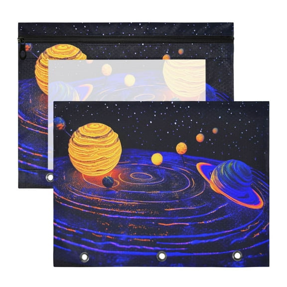 Universe Planets Shining Stars 3-Ring Binder Pouches A4 Size Zipper Pocket File Storage 2 Packs