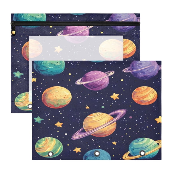 Universe Planets Stars A4 Pencil Pouch 3 Ring Zipper Pencil Pouches Pencil Case for Binder Cosmetic Bag 2 Pack