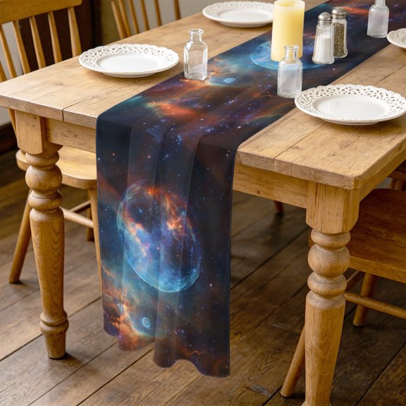 Universe Scenery 4.5ft Cheesecloth Table Runner for Wedding 19"x55", Abstract Planet Fantasy Mystic Cosmic Modern Kitchen Dinner Sheer Tulle Chiffon Dresser Scarf, Holiday Party Decorations