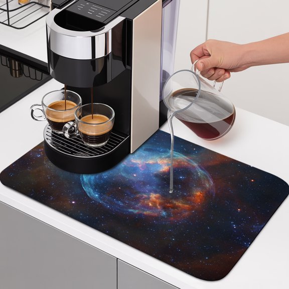 Universe Scenery Dish Drying Mats for Kitchen Counter, Abstract Planet Fantasy Mystic Cosmic Modern Absorbent Coffee Bar Mat with Non-slip Rubber Backed Quick Drying Dish Rack Pad 16"x18"