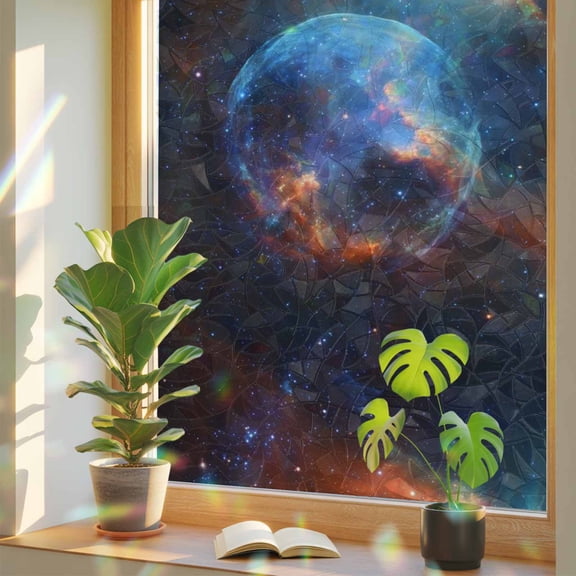 Universe Scenery Window Privacy Film, Abstract Planet Fantasy Mystic Cosmic Modern Stained Glass Rainbow Film Decorative Window Clings, Static Cling Sun Blocking Stickers 17.7" x 78.7"