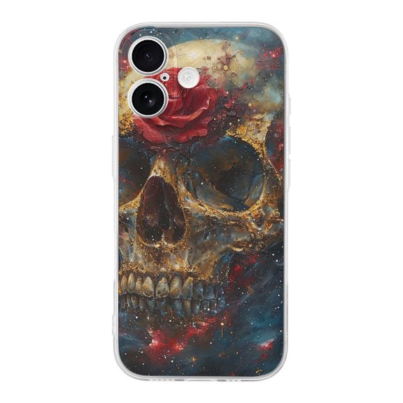 Universe Skull Red Rose Art Phone Case Compatible with iPhone 17 TPU Transparent Shockproof Cover