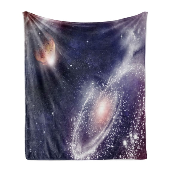 Universe Soft Flannel Fleece Blanket, Nebula and Planet Cosmic Galactic Outer Space Night Sky Starry Fantasy, Cozy Plush for Indoor and Outdoor Use, 50" x 60", Navy Blue White Coral, by Ambesonne