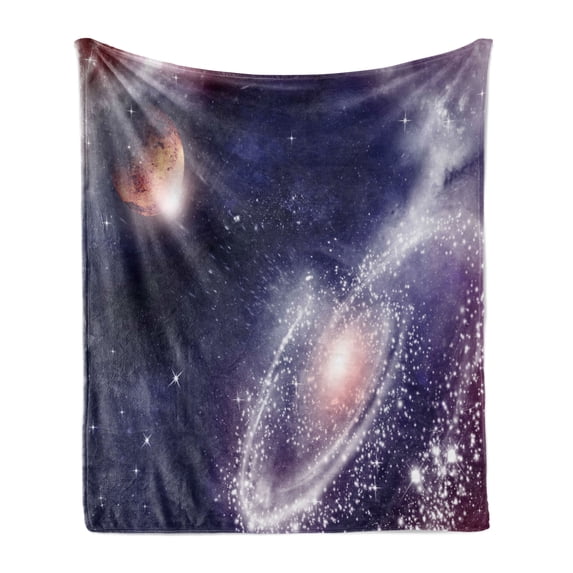 Universe Soft Flannel Fleece Blanket, Nebula and Planet Cosmic Galactic Outer Space Night Sky Starry Fantasy, Cozy Plush for Indoor and Outdoor Use, 60" x 80", Navy Blue White Coral, by Ambesonne