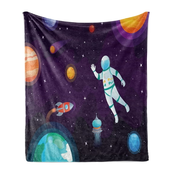 Universe Soft Flannel Fleece Throw Blanket, Astronaut in Space Globe Planets Solar System Rocket Exploration, Cozy Plush for Indoor and Outdoor Use, 50" x 70", Dark Purple Multicolor, by Ambesonne