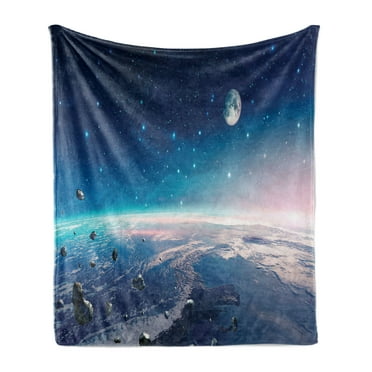 Universe Soft Flannel Fleece Throw Blanket, Horizontal Image of Nebula with Planet Earth Moon and Asteroids, Cozy Plush for Indoor and Outdoor Use, 70" x 90", Multicolor, by Ambesonne