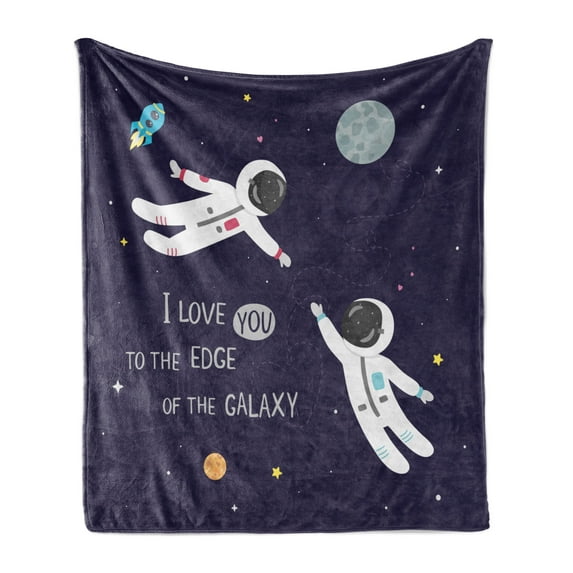 Universe Soft Flannel Fleece Throw Blanket, I Love You to the Edge of the Galaxy Typography with Astronauts, Cozy Plush for Indoor and Outdoor Use, 50" x 60", Dark Purple Multicolor, by Ambesonne