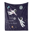 thumbnail image 1 of Universe Soft Flannel Fleece Throw Blanket, I Love You to the Edge of the Galaxy Typography with Astronauts, Cozy Plush for Indoor and Outdoor Use, 50" x 70", Dark Purple Multicolor, by Ambesonne, 1 of 5