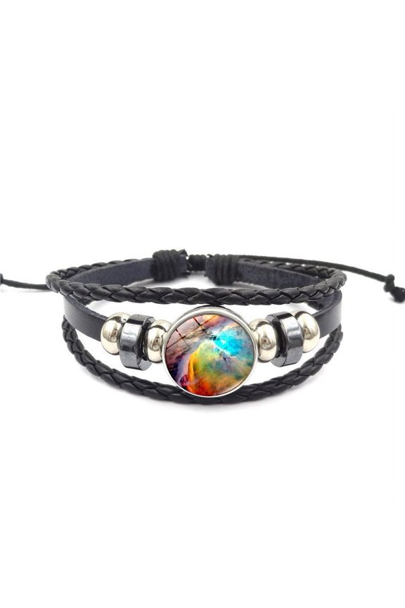 Womens Beaded Bracelet Handmade Starry Sky Universe Design with Glass Gem Alloy Pendant Adjustable Leather Rope