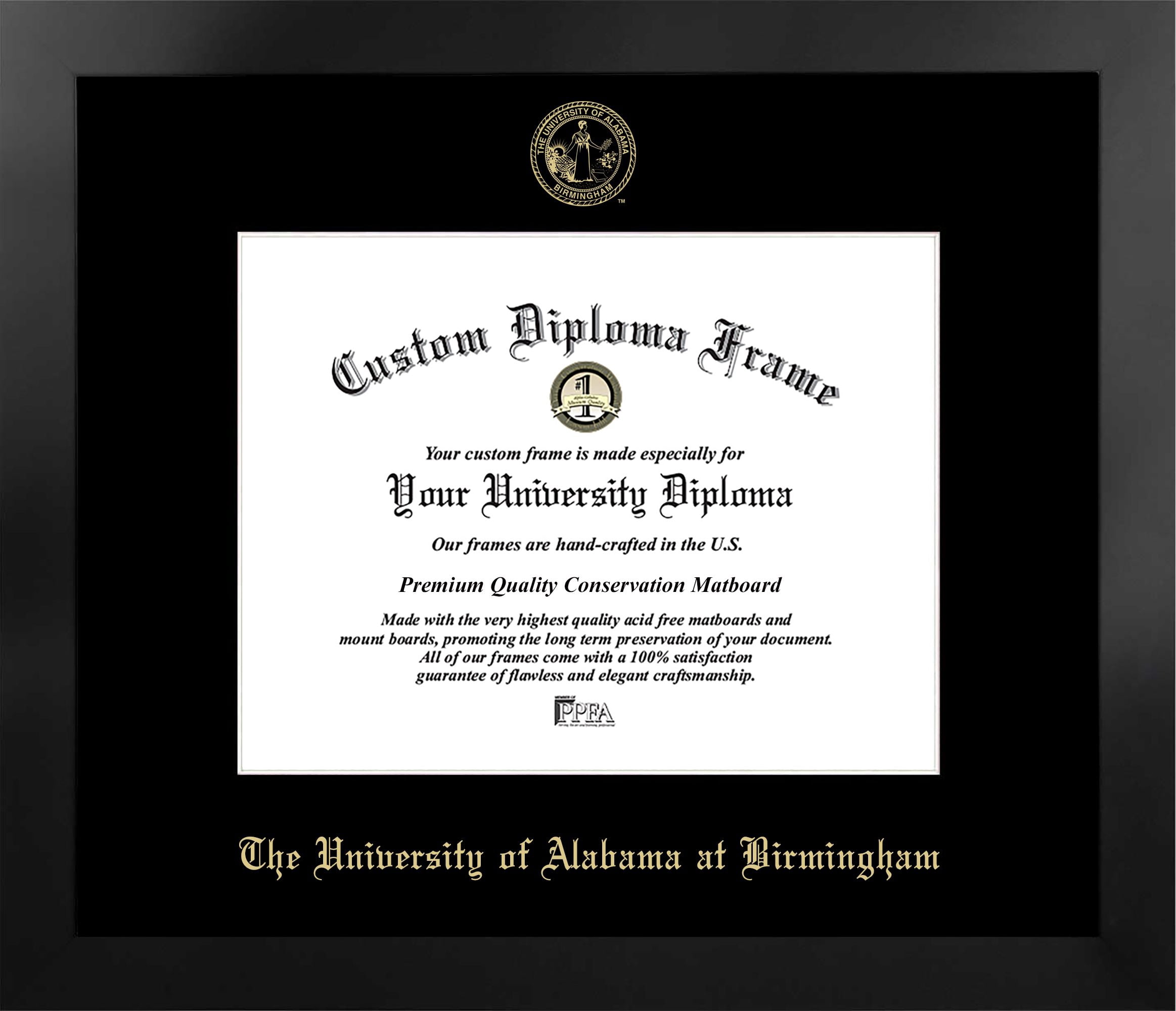 University of Alabama, Birmingham 11w x 8.5h Manhattan Black Single Mat Gold Embossed Diploma Frame with Bonus Campus Images Lithograph (value savings at $59)