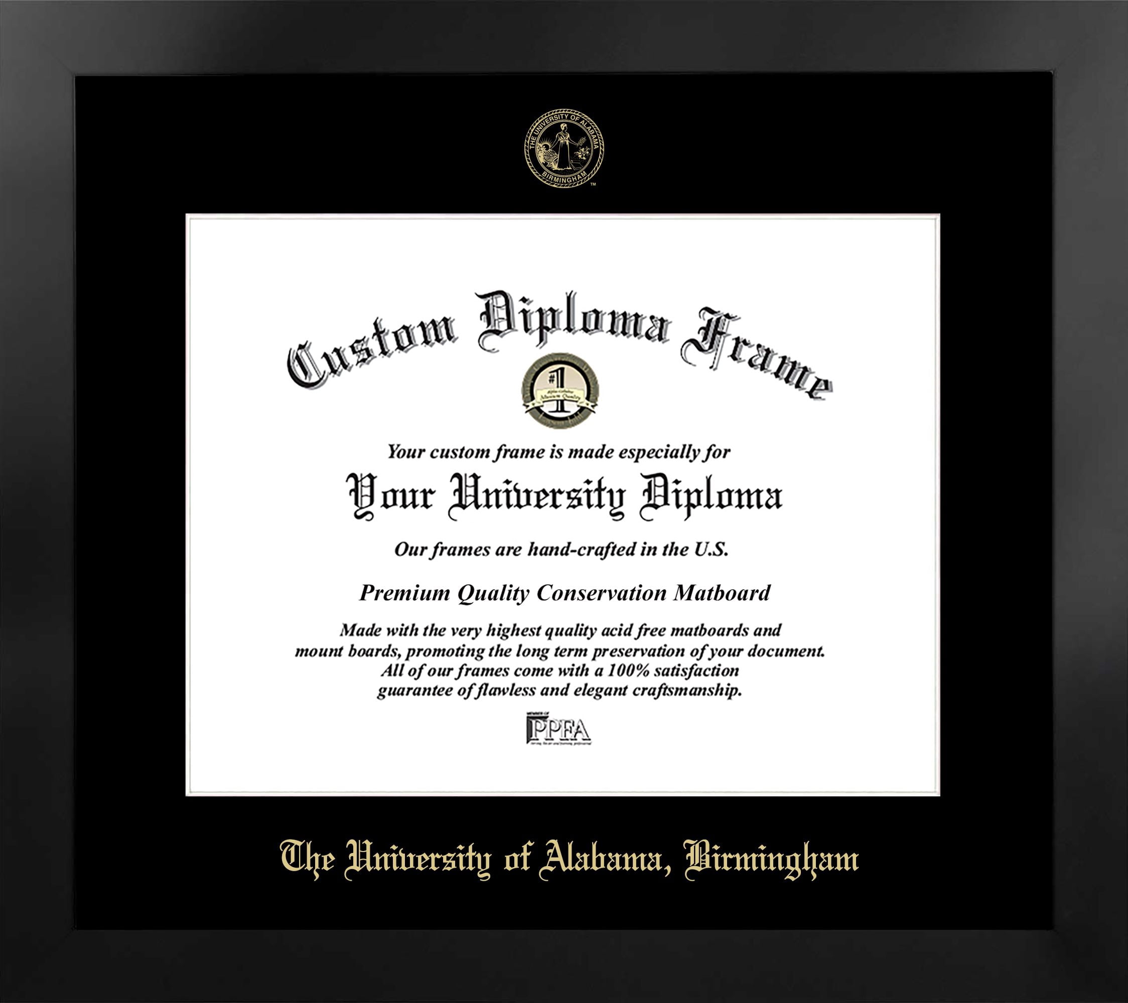 University of Alabama, Birmingham 17w x 14h Manhattan Black Single Mat Gold Embossed Diploma Frame with Bonus Campus Images Lithograph (value savings at $59)