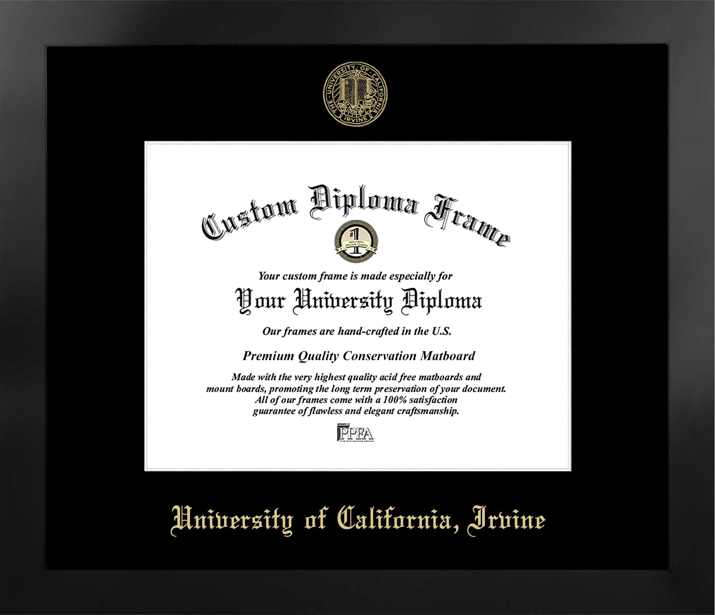 University of California, Irvine 11w x 8.5h Manhattan Black Single Mat Gold Embossed Diploma Frame with Bonus Campus Images Lithograph (value savings at $59)