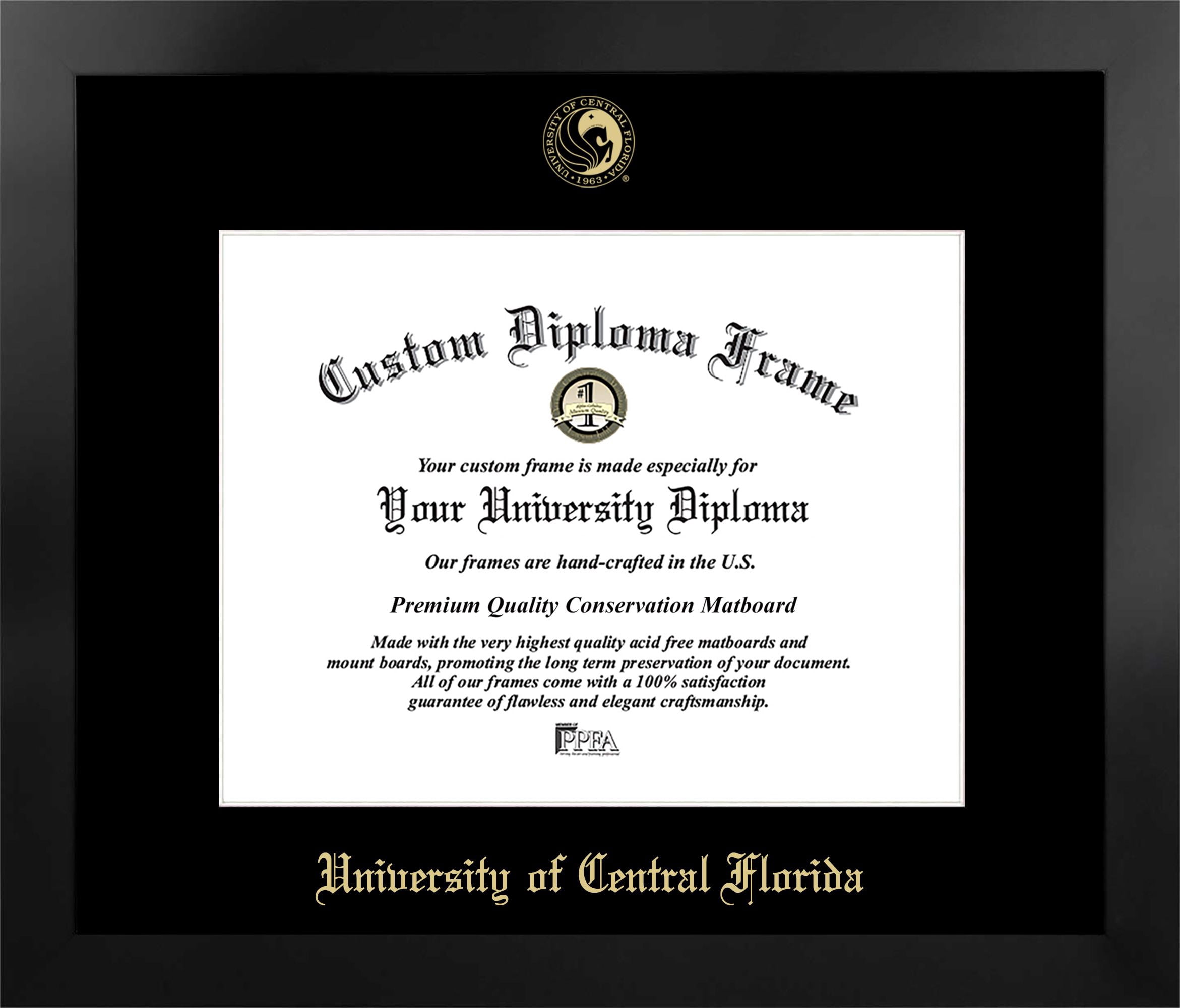 University of Central Florida 14w x 11h Manhattan Black Single Mat Gold Embossed Diploma Frame with Bonus Campus Images Lithograph (value savings at $59)