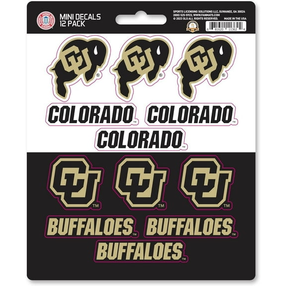 University of Colorado Buffaloes 12-Piece Mini Decal Sticker Set, 5x6 Inch Sheet, Gift for football fans for any hard surfaces around home, automotive, personal items