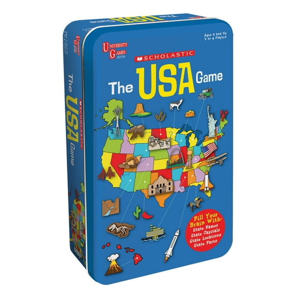 University Games, Scholastic USA Card Game Gift Tin, Learn State Capitals and Historic Facts Great Geography Challenge for Kids ages 6 and Up