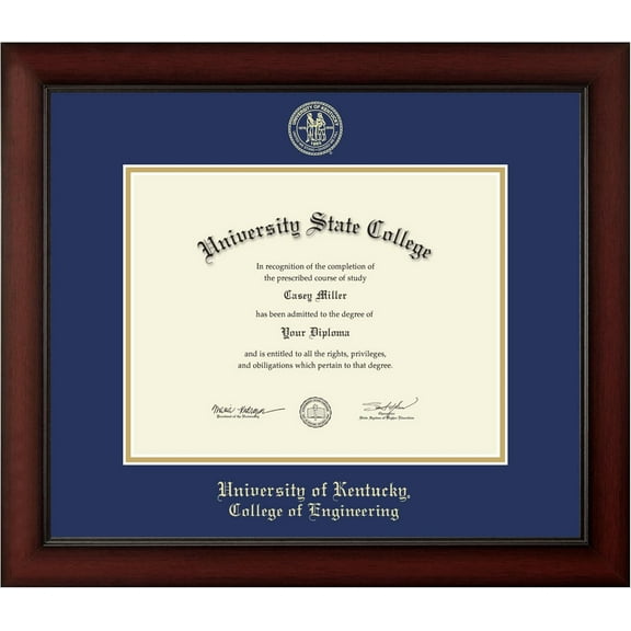 University of Kentucky College of Engineering 11" w x 8.5" h Diploma Frame - Fits a bachelor's and master's - Gold Embossed Diploma Frame - Cherry Moulding with Royal Blue and Gold Matting