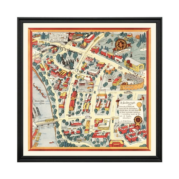 University of Minnesota Art, 1940 Vintage Map of University of Minnesota History Wall Decor Gift, Old University of Minnesota Map - 24" x 24" Black Framed Print