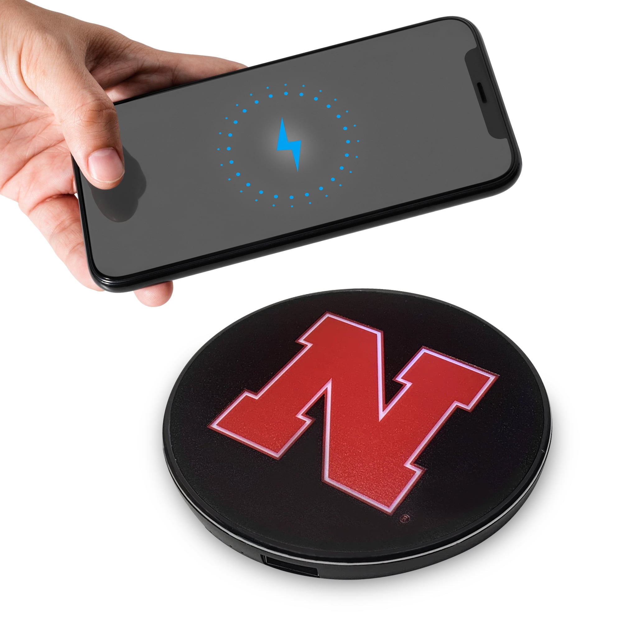 University of Nebraska Qi Wireless Charger with Illuminated Cornhuskers Logo & Built-In Power bank for Wired and Wireless Charging. 100% Portable Wireless Phone Charger, NCAA Gifts