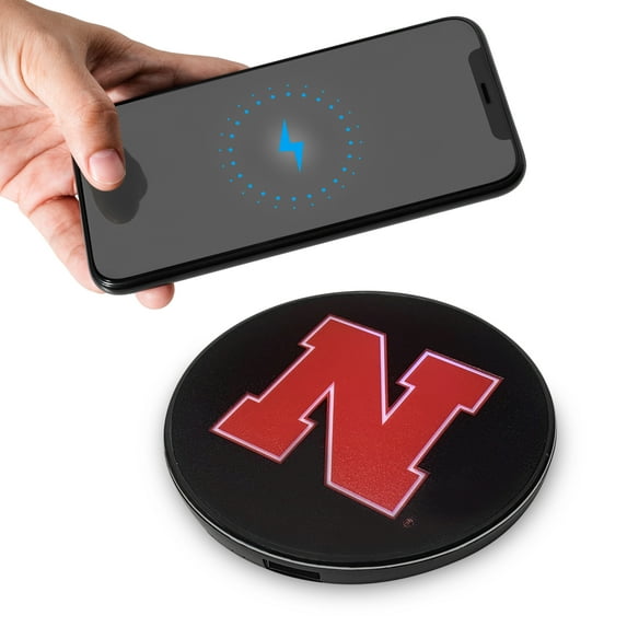 University of Nebraska Qi Wireless Charger with Illuminated Cornhuskers Logo & Built-In Power bank for Wired and Wireless Charging. 100% Portable Wireless Phone Charger, NCAA Gifts