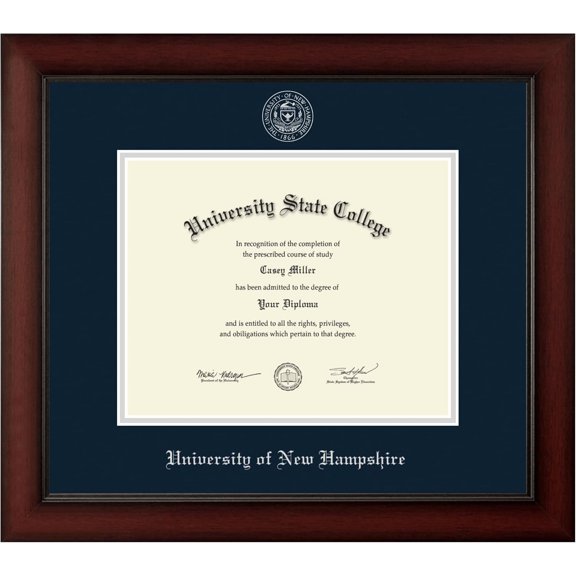 University of New Hampshire 10" w x 8" h Diploma Frame - Fits An Associate's, bachelor's and master's - Gold Embossed Diploma Frame - Cherry Moulding with Navy and Silver Matting