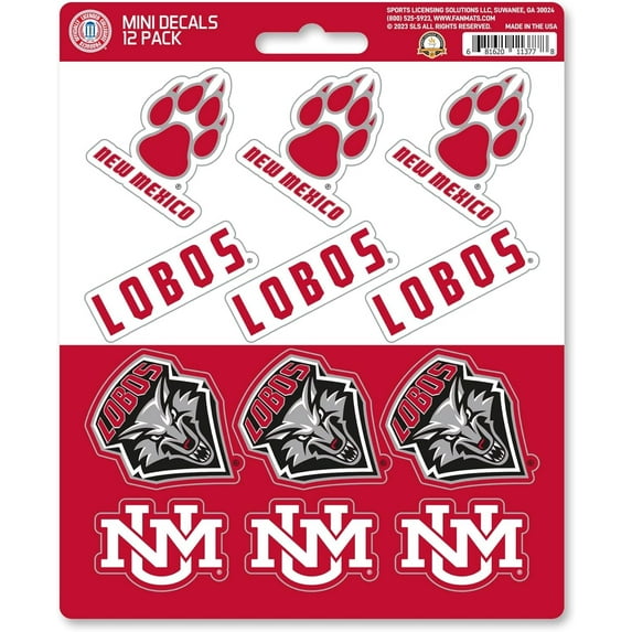 University of New Mexico Lobos 12-Piece Mini Decal Sticker Set, 5x6 Inch Sheet, Gift for football fans for any hard surfaces around home, automotive, personal items