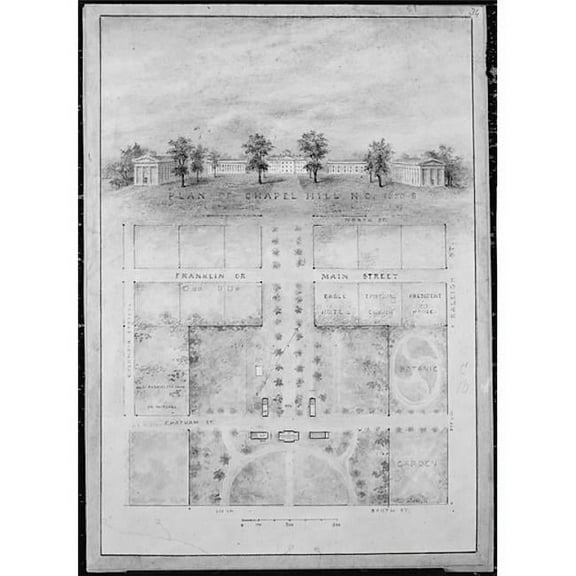 University of North Carolina Chapel Hill - Distant Perspective & Plan of Grounds Poster Print by Alexander Jackson Davis - American New York 1803 1892 West Orange New Jersey - 18 x 24