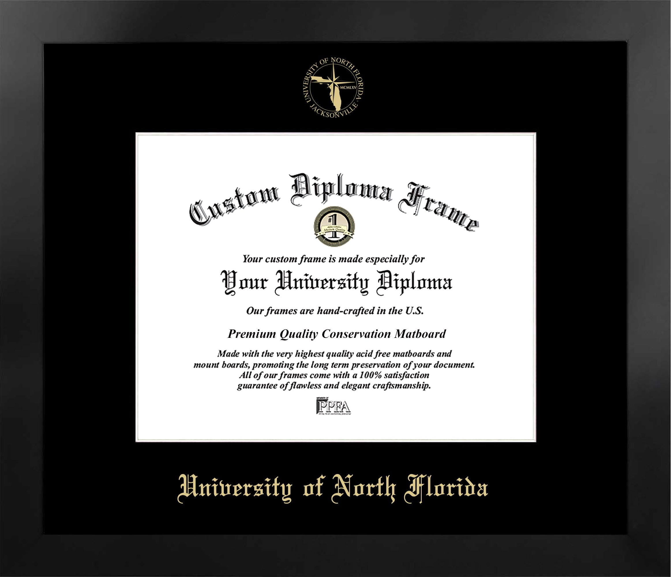 University of North Florida 11w x 8.5h Manhattan Black Single Mat Gold Embossed Diploma Frame with Bonus Campus Images Lithograph (value savings at $59)