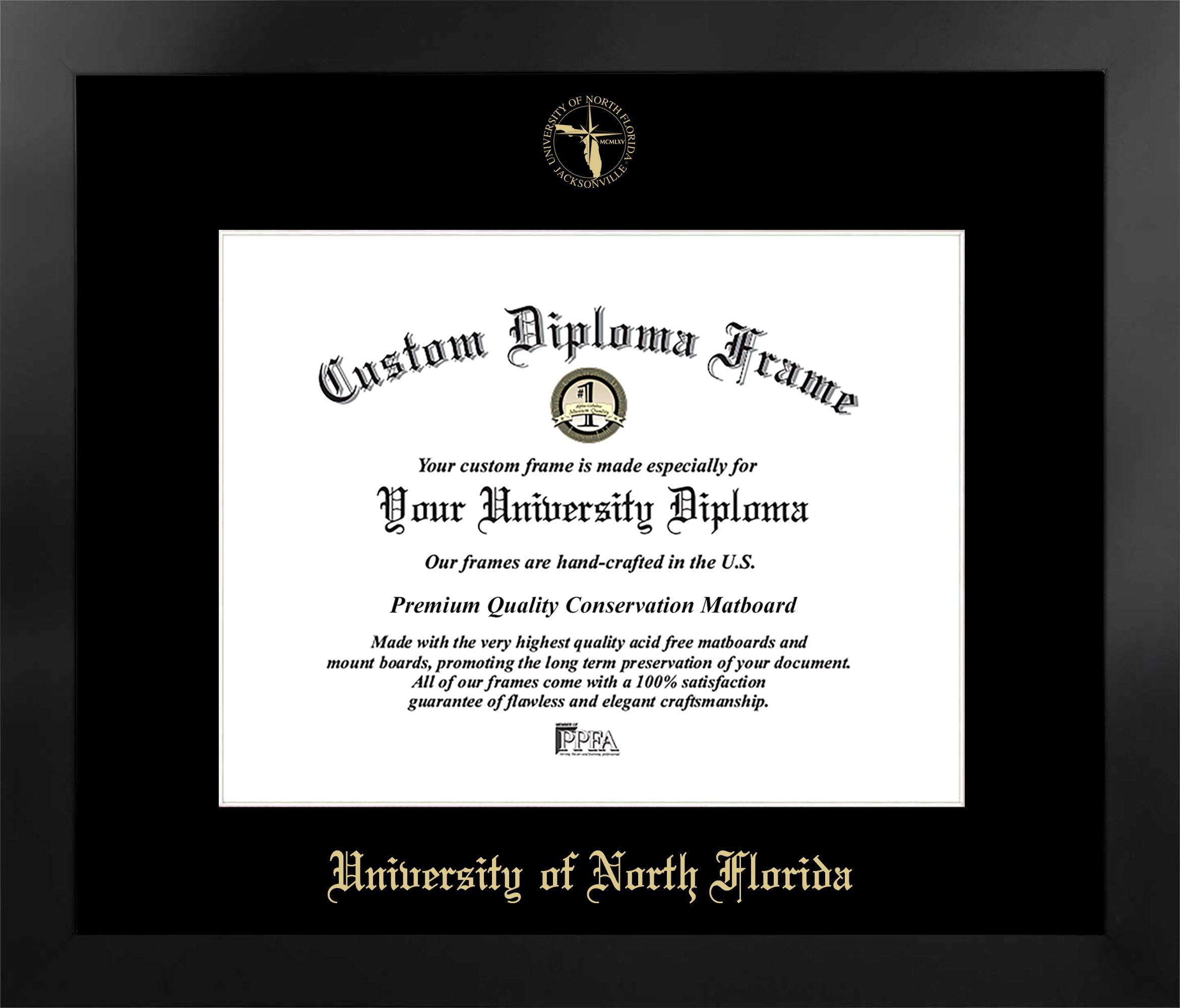 University of North Florida 14w x 11h Manhattan Black Single Mat Gold Embossed Diploma Frame with Bonus Campus Images Lithograph (value savings at $59)