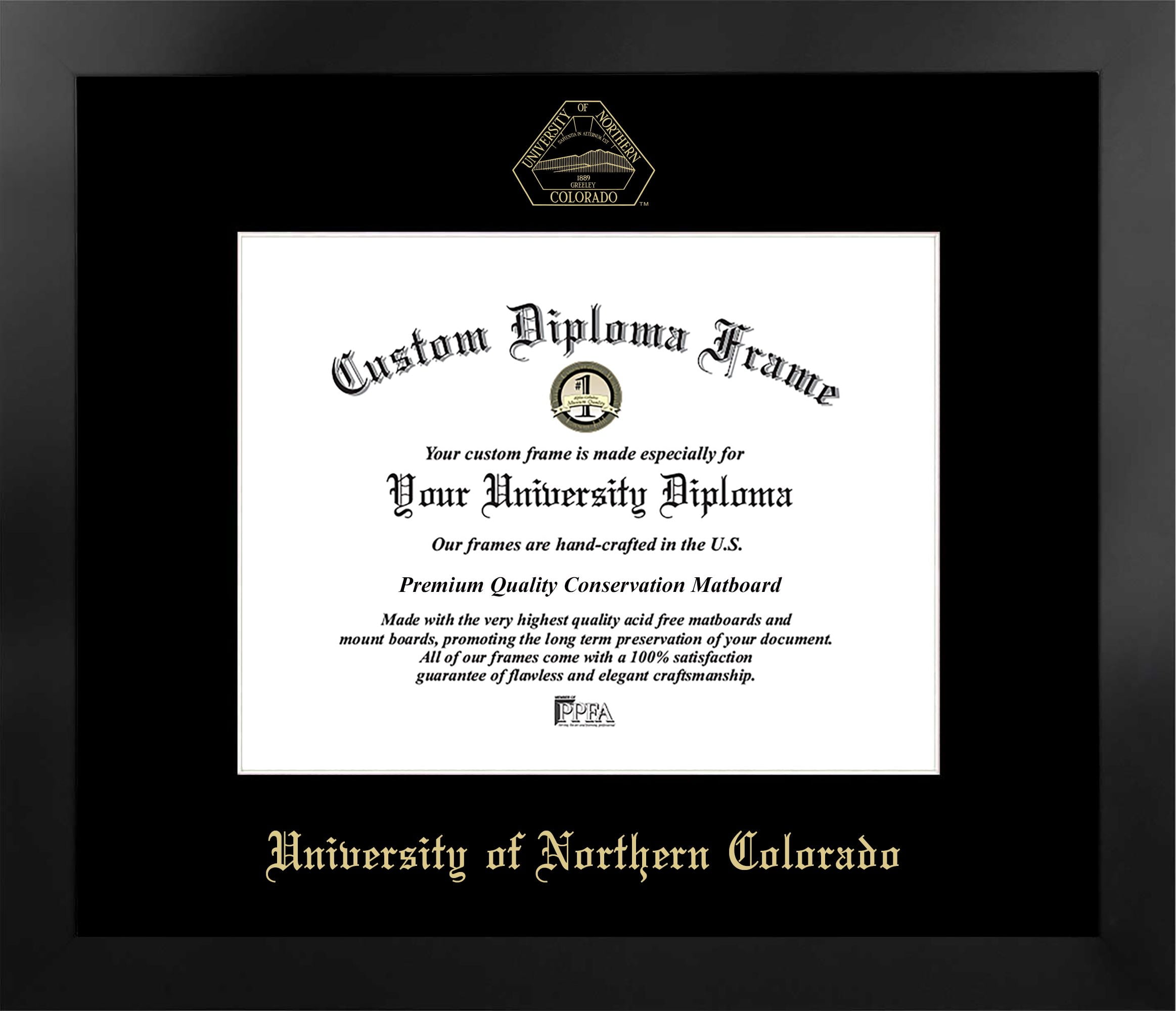 University of Northern Colorado 10w x 8h Manhattan Black Single Mat Gold Embossed Diploma Frame with Bonus Campus Images Lithograph (value savings at $59)