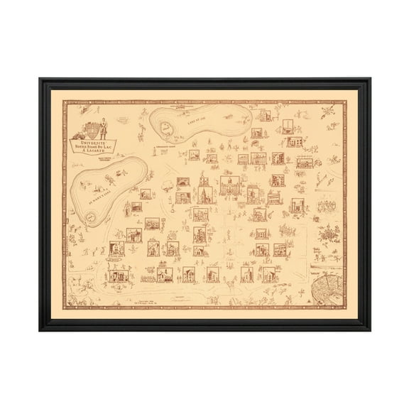 University of Notre Dame Art, 1938 Vintage Map of University of Notre Dame History Wall Decor Gift, Old University of Notre Dame Map - 36" x 24" Black Framed Print