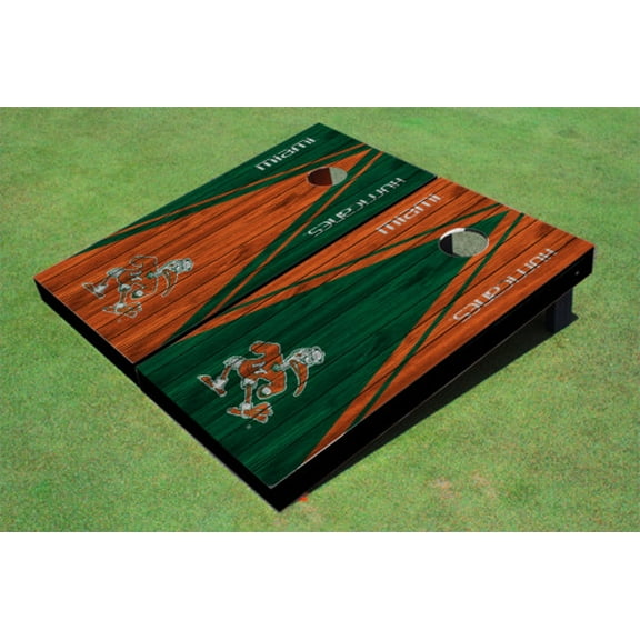 University Of Miami "Sebastian The Ibis" Alternating Wood Look Triangle Cornhole Boards
