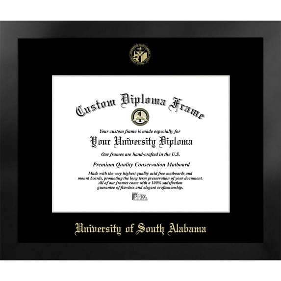 University of South Alabama 15w x 12h Manhattan Black Single Mat Gold Embossed Diploma Frame with Bonus Campus Images Lithograph (value savings at $59)
