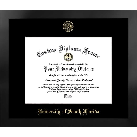University of South Florida 14w x 11h Manhattan Black Single Mat Gold Embossed Diploma Frame with Bonus Campus Images Lithograph (value savings at $59)