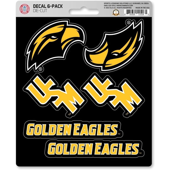 University of Southern Mississippi Golden Eagles 6-Piece Decal Sticker Set, 5x6 Inch Sheet, Gift for football fans for any hard surfaces around home, automotive, personal items