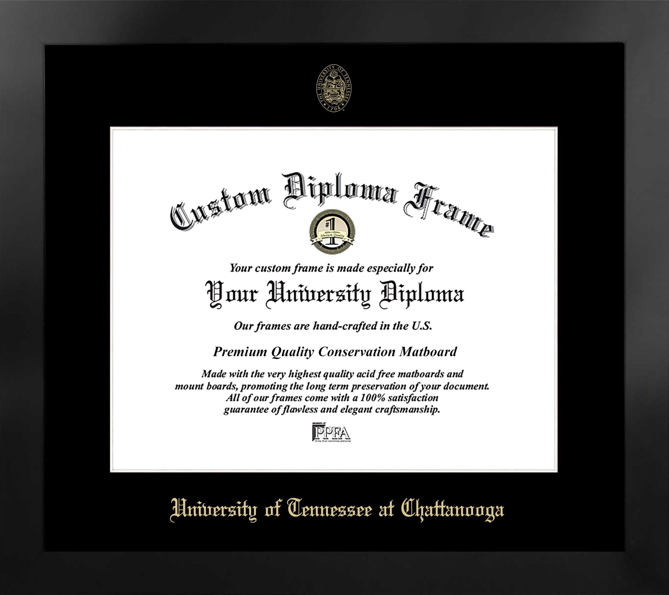University of Tennessee, Chattanooga 17w x 14h Manhattan Black Single Mat Gold Embossed Diploma Frame with Bonus Campus Images Lithograph (value savings at $59)