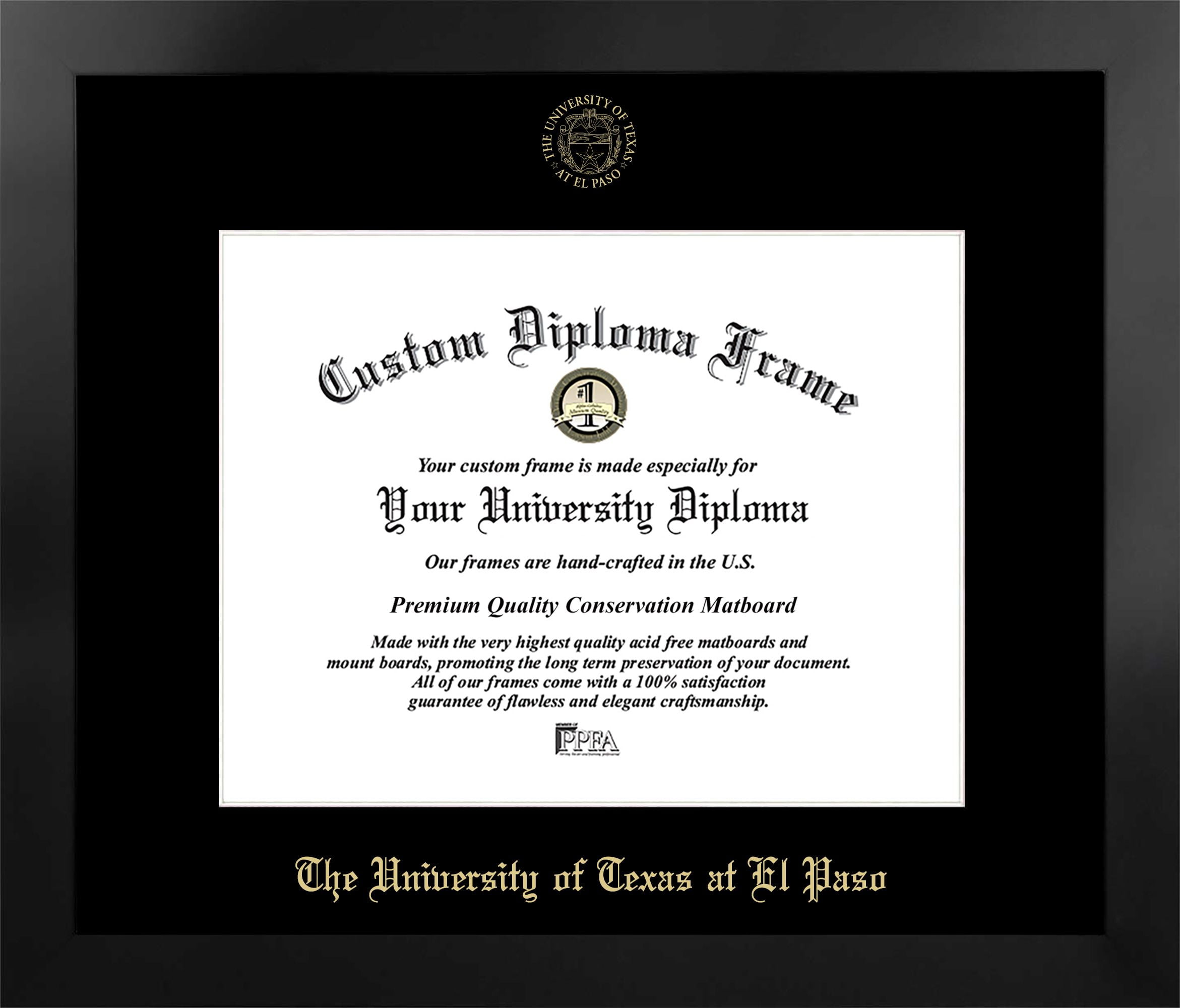 University of Texas, El Paso 14w x 11h Manhattan Black Single Mat Gold Embossed Diploma Frame with Bonus Campus Images Lithograph (value savings at $59)